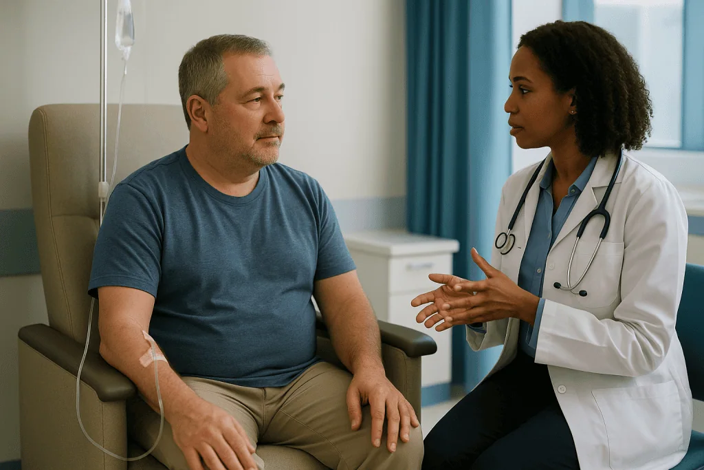 Doctor consulting with male patient in clinic room: Induction therapy: the months before collection