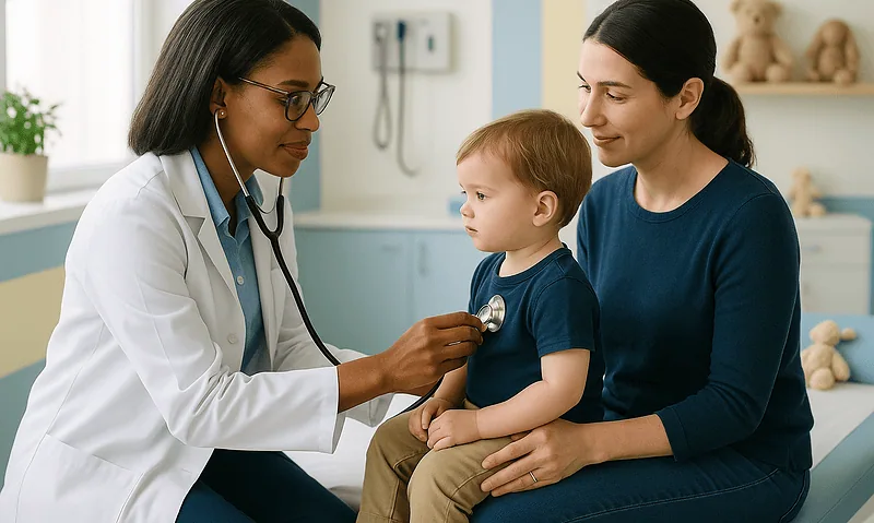 Pediatrician examining a young boy with a stethoscope in a clinic.