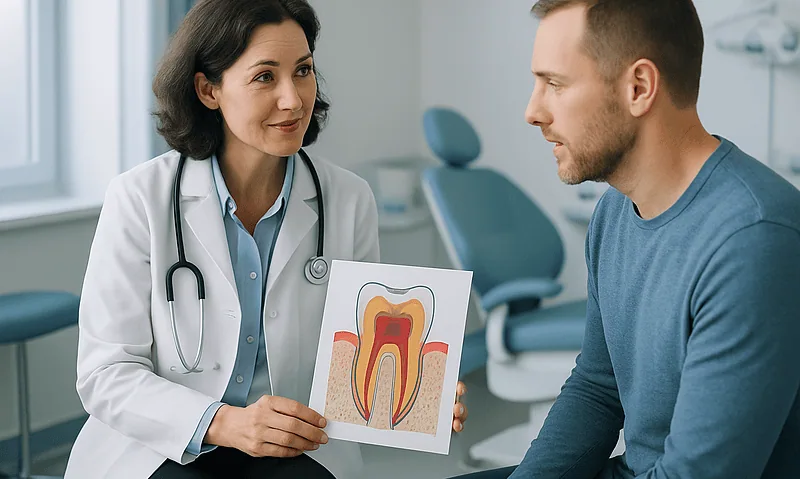 Infected Tooth Pulp Explained: How Pulpitis Progresses and When a Root Canal Is Planned 6 Dentist explaining pulpitis with tooth diagram to patient in clinic.
