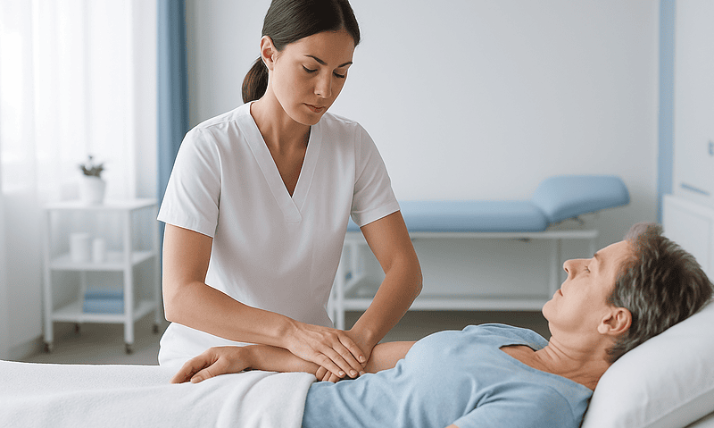 Nurse caring for a patient in a hospital room.