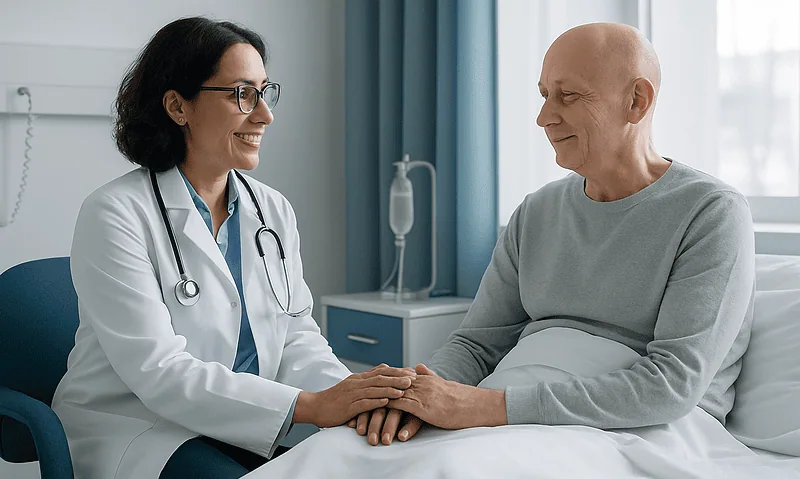 Doctor and patient holding hands in hospital room during consultation.