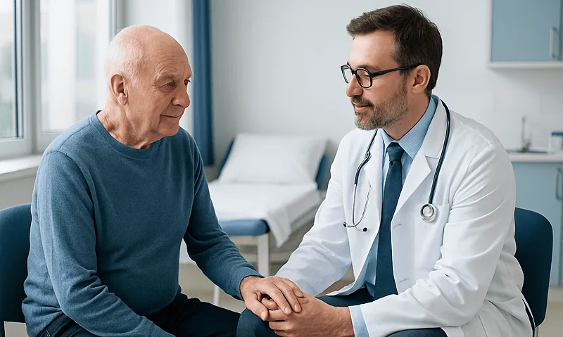 Doctor consulting with elderly patient in hospital room.