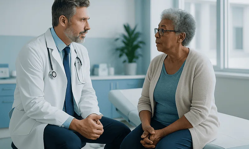 Doctor consulting with an elderly female patient in a medical office.
