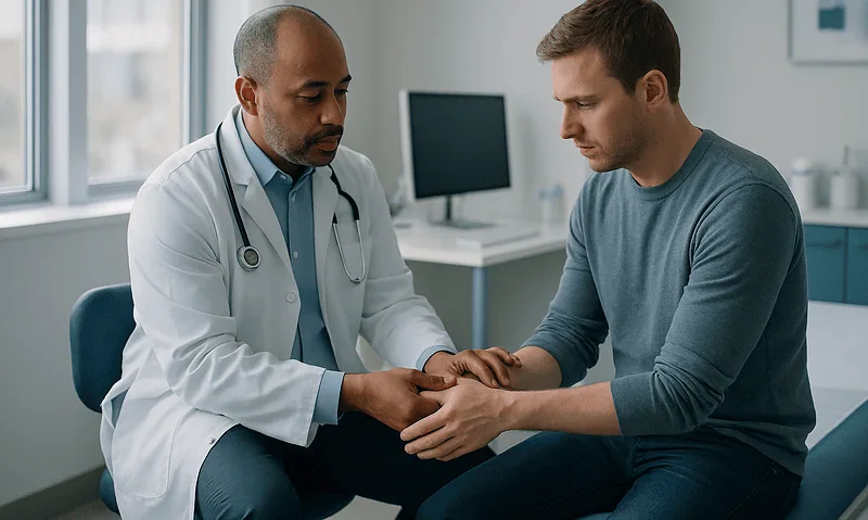 Doctor examining patient's hand for signs of infection or injury.