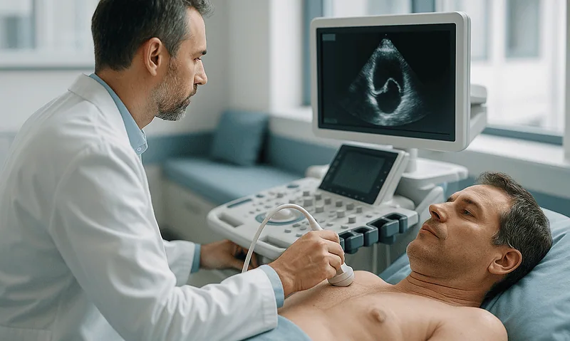Doctor performing an echocardiogram on a patient in a hospital room.