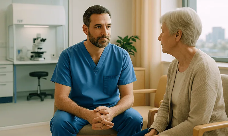 Doctor consulting with elderly woman in a medical office setting.