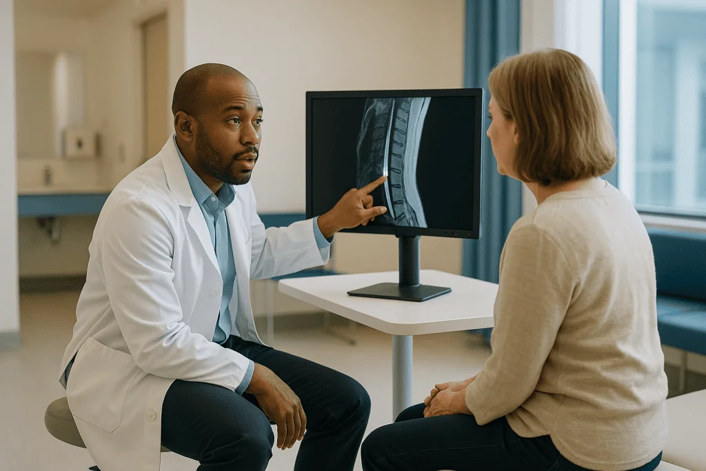 Doctor explaining spinal MRI scan to adult patient: Inflammation and demyelination: what a bright spot in the cord can mean