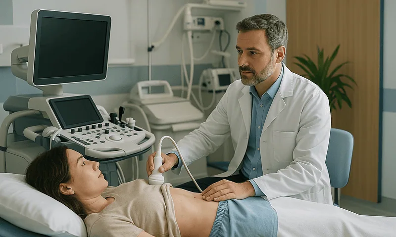 Doctor performing an abdominal ultrasound on a female patient in a hospital room.