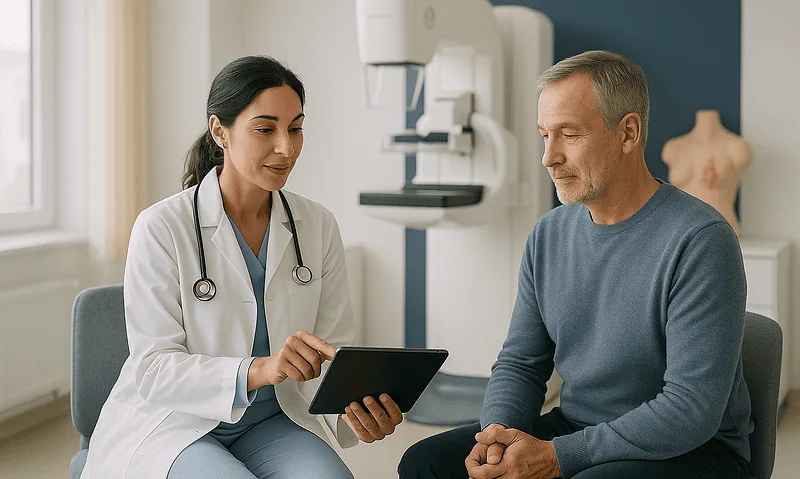 Doctor consulting with a male patient in a medical office setting.