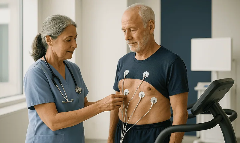 Doctor attaching electrodes to a patient's chest for an ECG test at Acibadem Hospital.