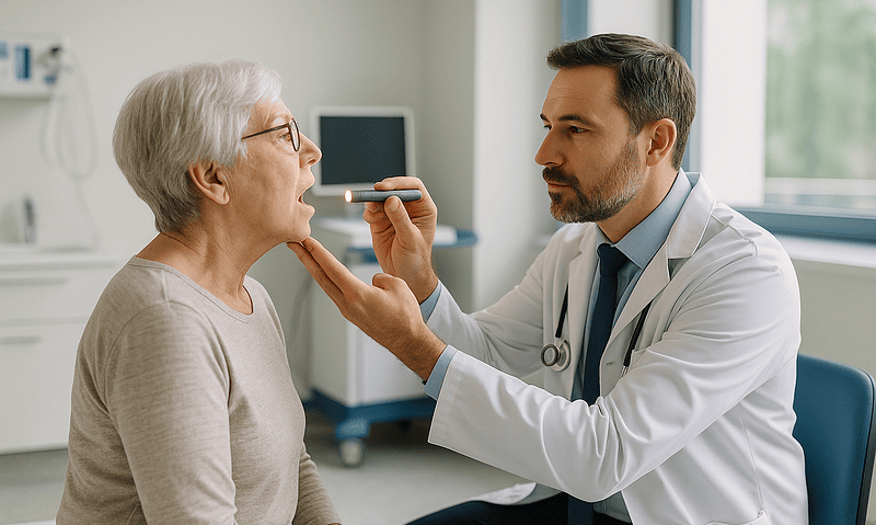 Doctor examining elderly woman's throat in a clinical setting.