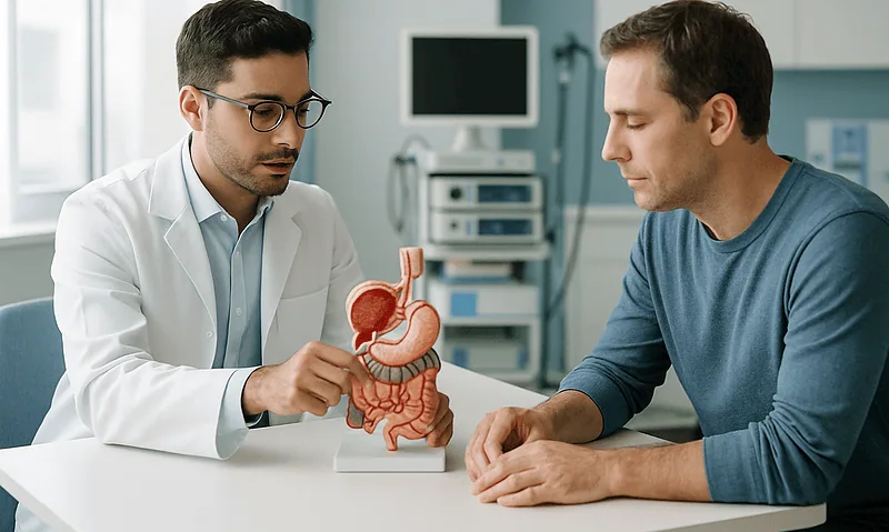 Doctor explaining digestive system to patient with anatomical model.