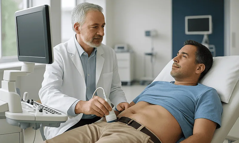 Doctor examining patient for inguinal hernia with ultrasound in hospital.