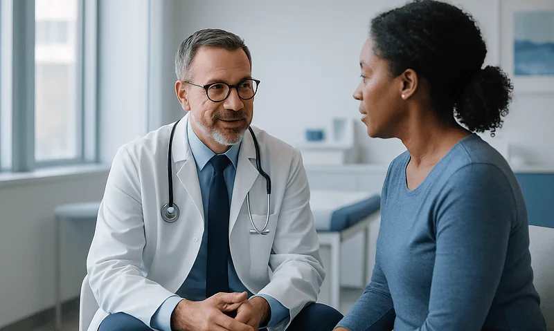 Doctor consulting with a patient in a medical office setting.