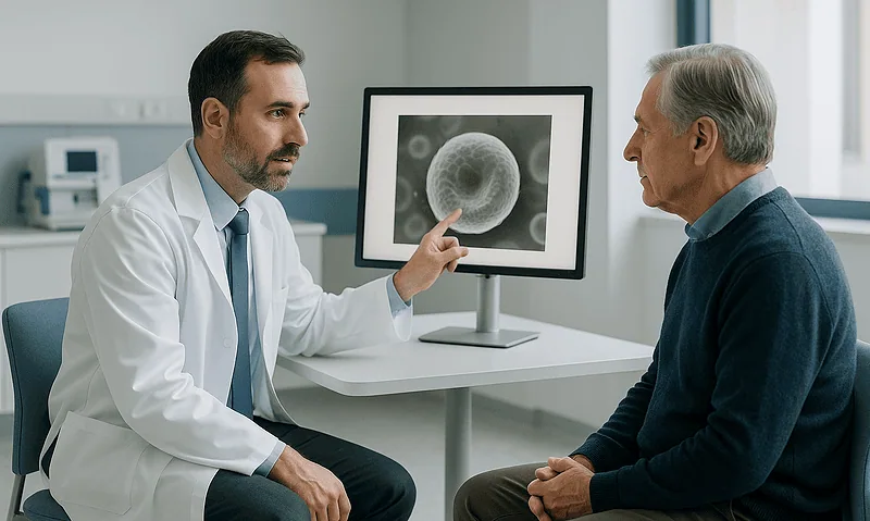 Doctor explaining blood cell analysis to an elderly patient in a medical office.