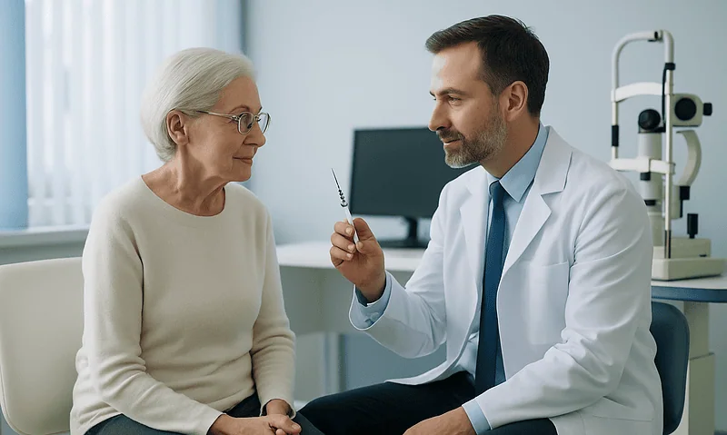 Ophthalmologist consulting with elderly patient in clinic setting.