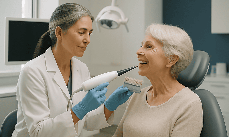 Dentist performing dental examination on elderly woman in clinic.