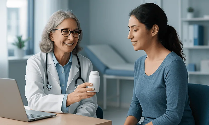 Doctor consulting with a patient about medication in a medical office.