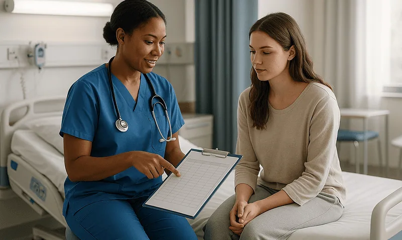 Nurse consulting with patient in hospital room at Acibadem Hospitals Group.