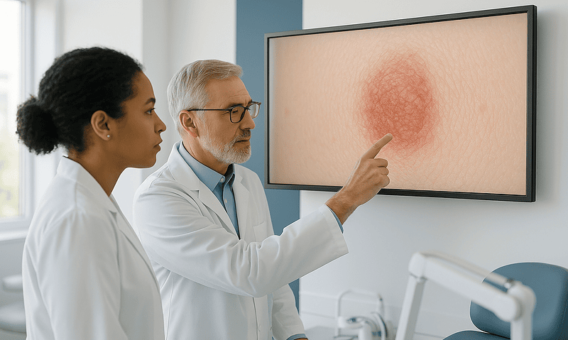 Doctor explaining skin rash on monitor to a nurse in a medical office.