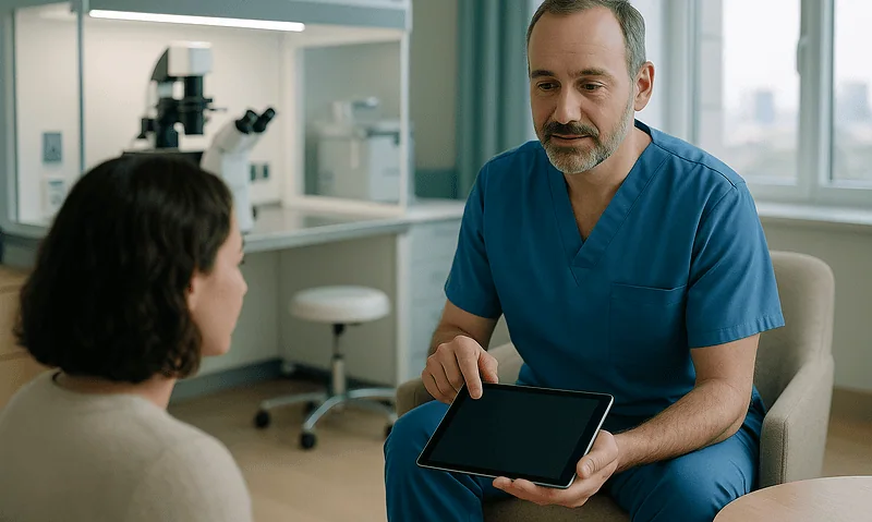 Doctor consulting with a patient in a medical office, discussing fertility options.