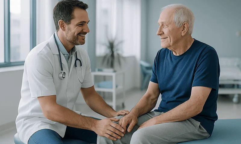 Doctor and elderly patient during a therapy session at Acibadem Hospital.