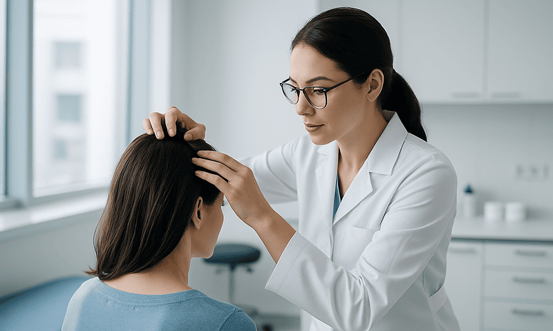 Doctor examining patient's scalp during a hair transplant consultation.