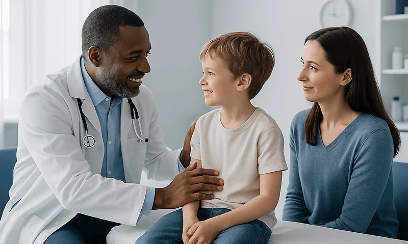 Pediatric doctor examining a young boy with his mother in a clinic.