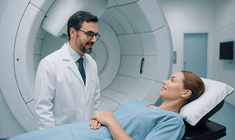 Doctor and patient in MRI room during proton therapy session.