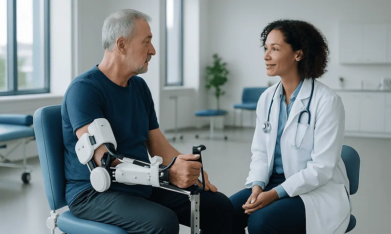 Patient with robotic arm undergoing rehabilitation with doctor in clinic.