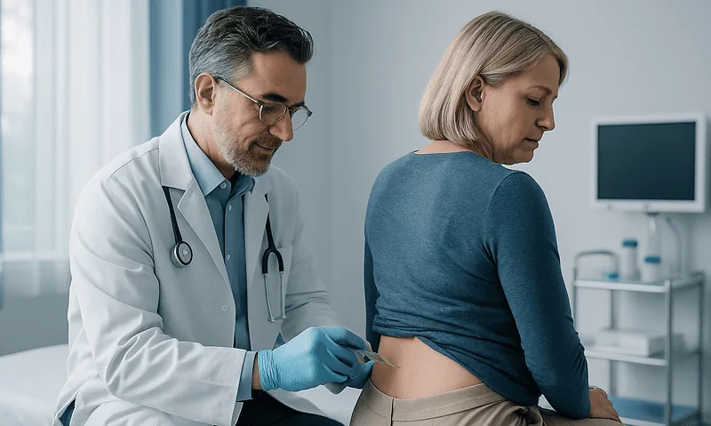 Doctor performing epidural injection on patient for sciatica relief.