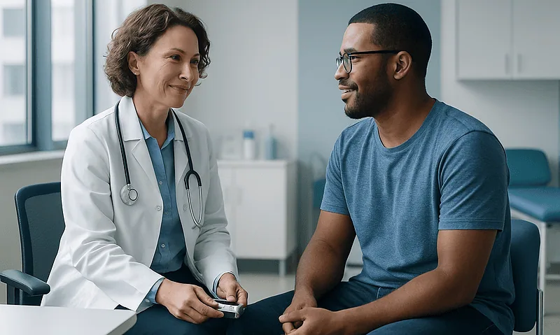 Doctor consulting with patient in a medical office.