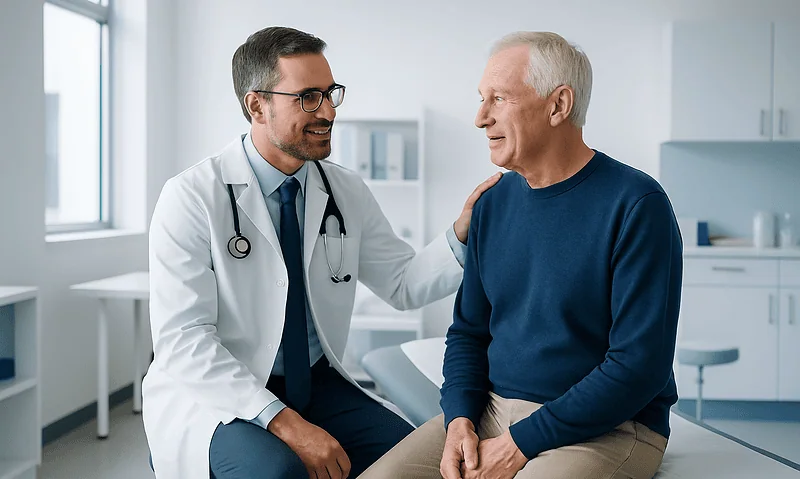 Doctor consulting with an elderly patient in a medical office.