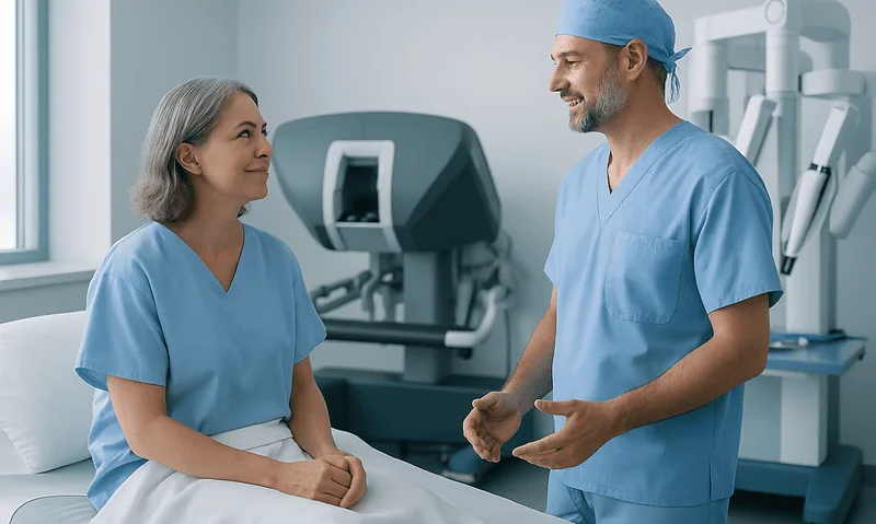 Inside the Operating Room During Robotic Thoracic Surgery: Ports, Docking and the Chest Tube 6 Surgeon and patient in hospital room during pre-surgery consultation.