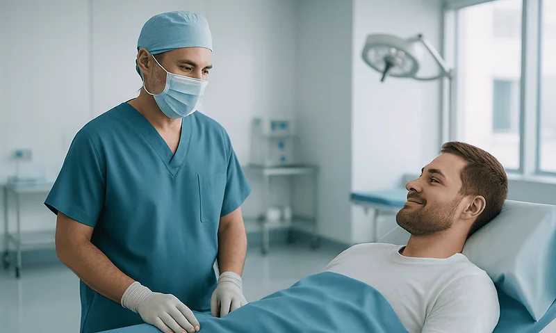 Blog 2 Medical professional and patient in hospital room during adult circumcision procedure.