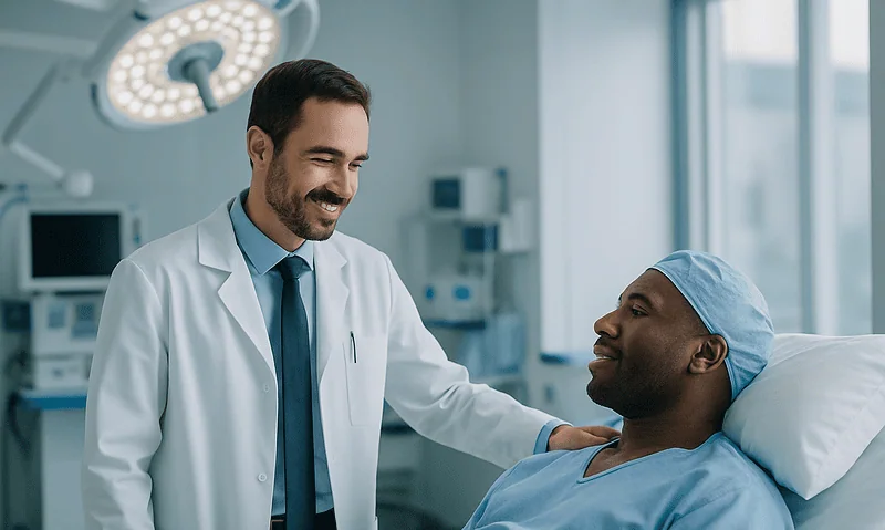 Doctor smiling at patient in hospital room with surgical lights overhead.
