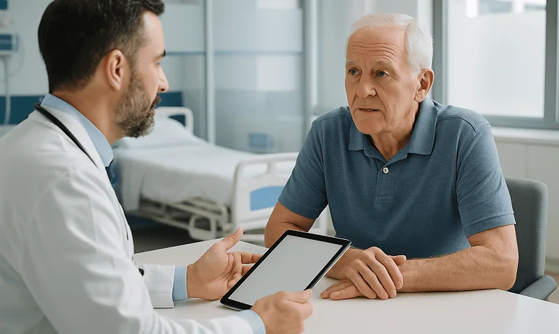 Doctor consulting with elderly patient in hospital room.