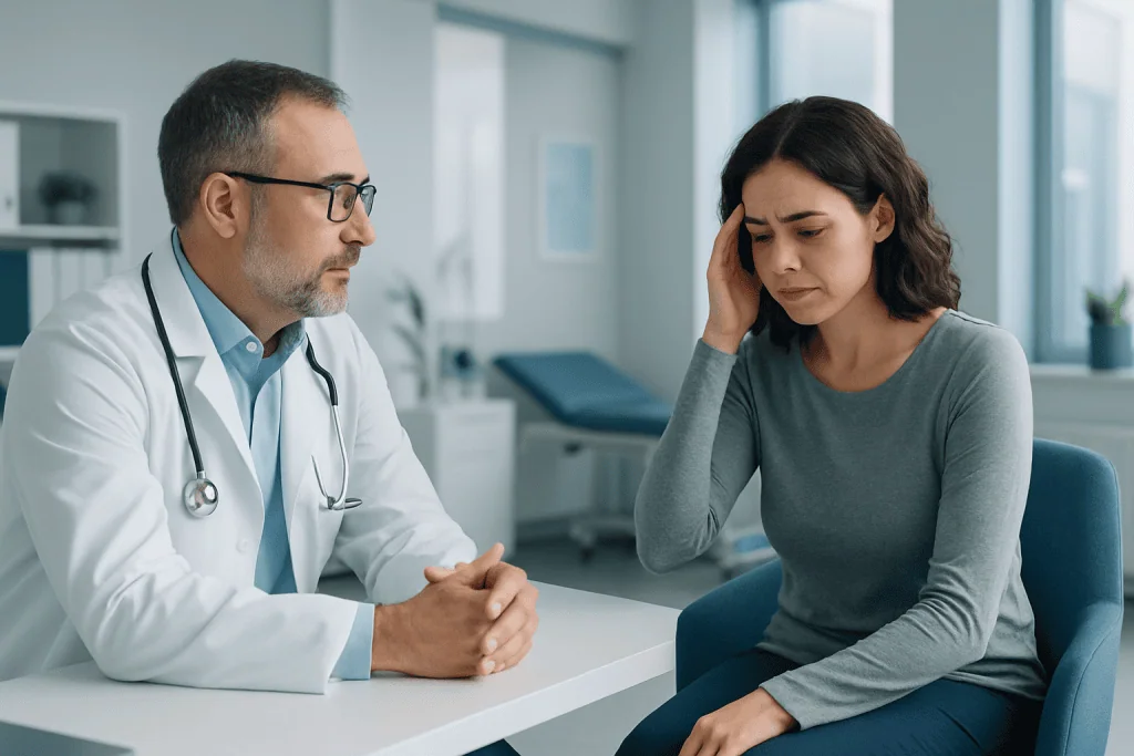 Insomnia 1 Doctor consulting with a woman patient about sleep issues in a clinic.
