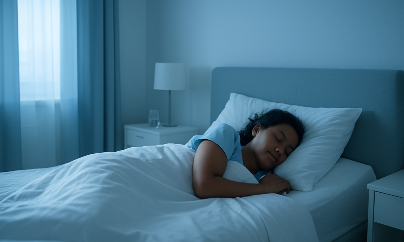 Woman sleeping peacefully in a modern bedroom with blue tones.