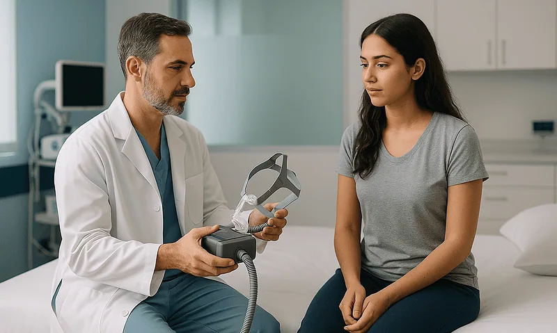 Doctor explaining sleep apnea treatment with CPAP device to patient in clinic.