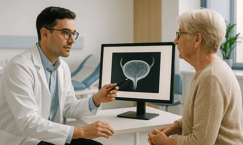 Urologist explaining bladder scan results to an elderly patient in a clinic.