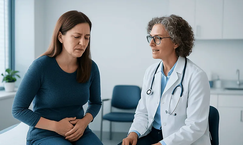 Woman experiencing abdominal pain during consultation with doctor.