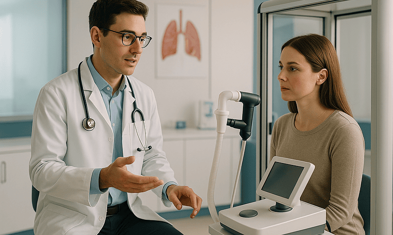 Doctor explaining lung health to a patient in a medical consultation room.
