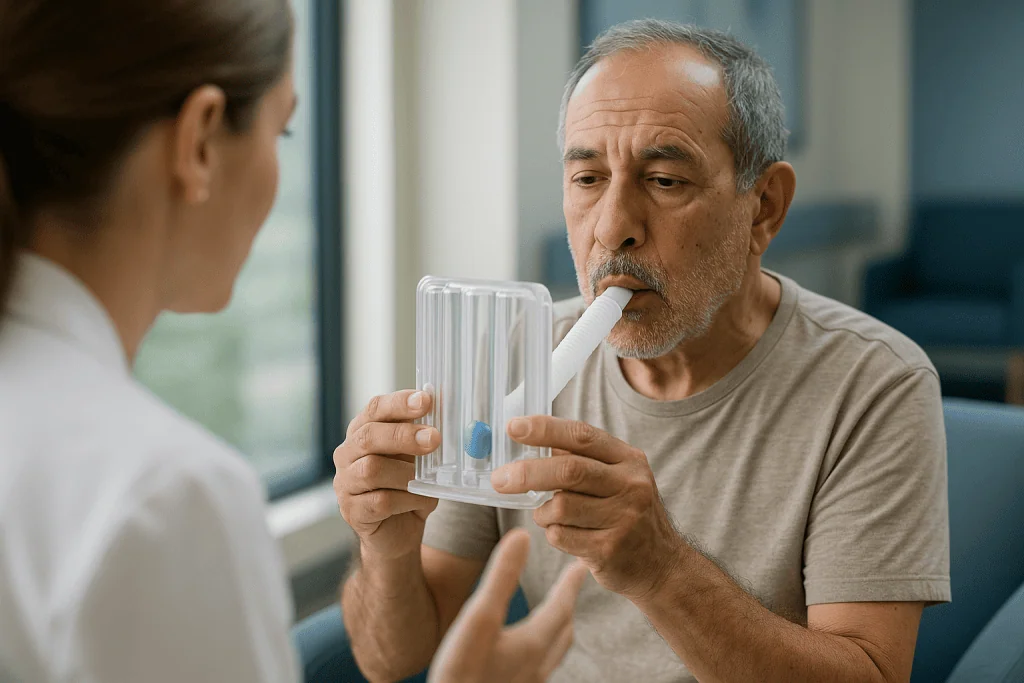 Older man using inhaler device with healthcare provider watching: Interstitial lung disease and pulmonary fibrosis: why the 