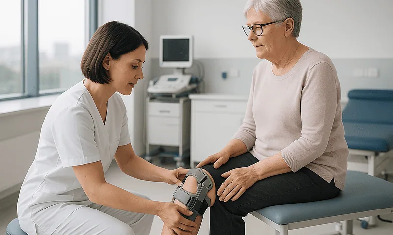 Doctor examining elderly woman's knee with medical device in clinic.