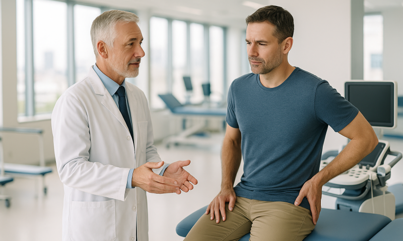 Doctor consulting with a patient in a modern medical clinic.