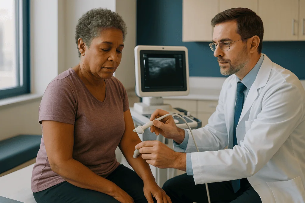 Doctor performing ultrasound-guided procedure on patient arm: Interventional pain management procedures compared at a glance