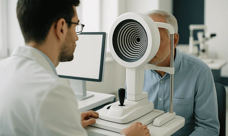 Optometrist performs eye test using specialized equipment at Acibadem Hospitals Group.