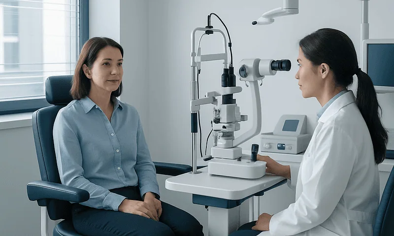 Ophthalmologist examining a patient with slit lamp in clinic.