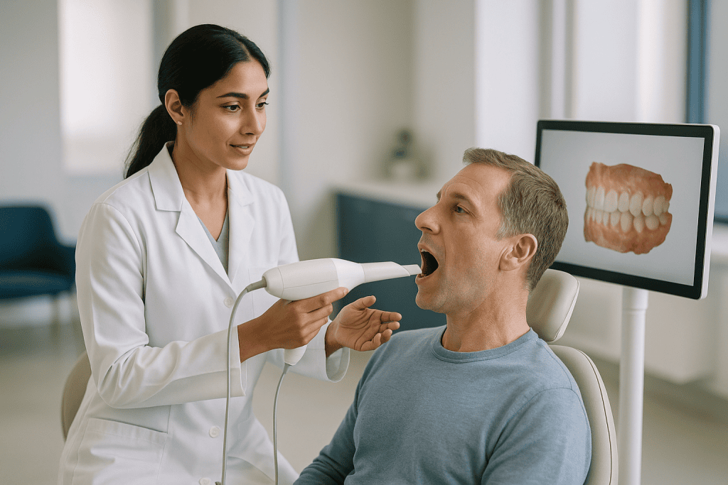Dentist examining patient's teeth with intraoral scanner: Intraoral scanner vs impression: what actually happens during the 